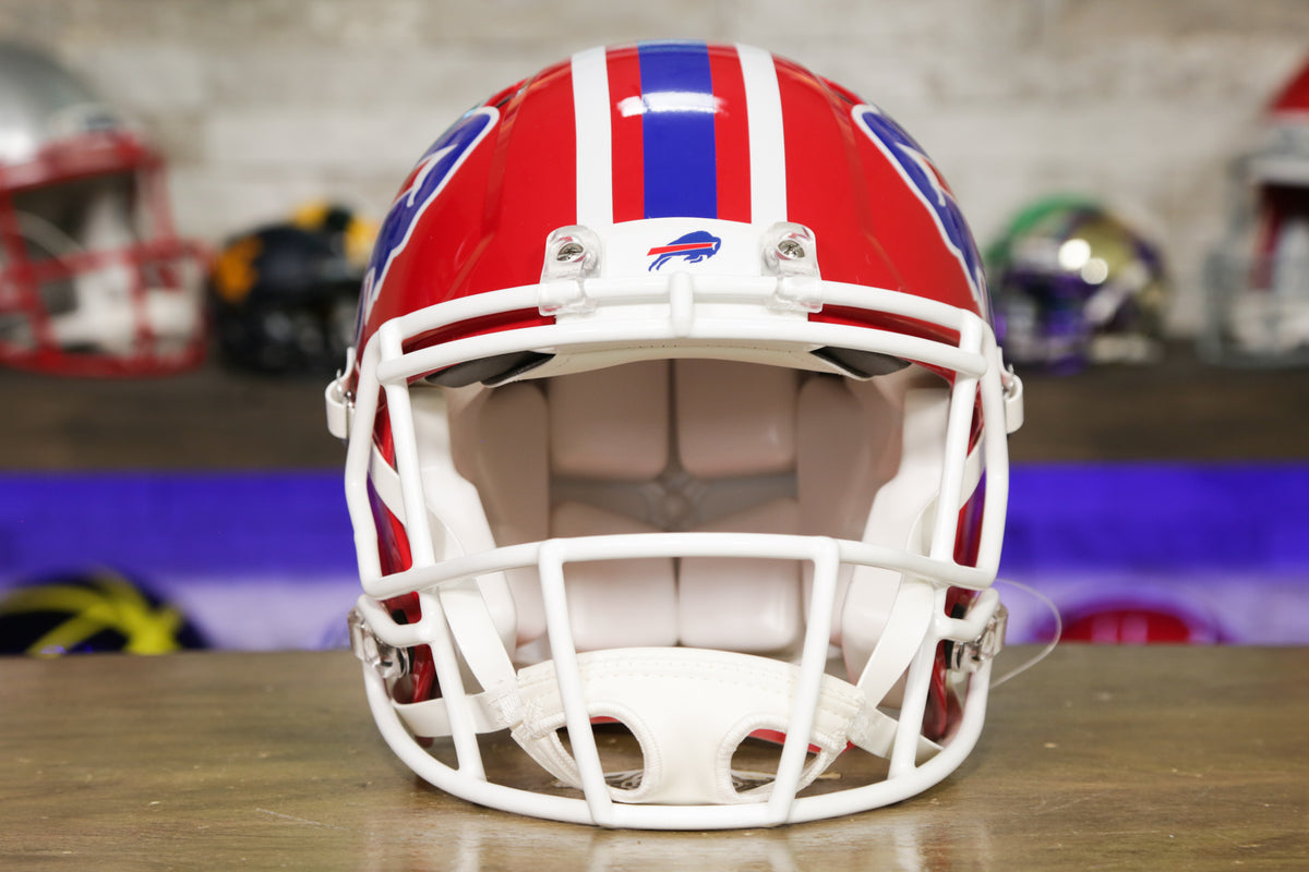 Buffalo Bills Helmet (2002-2010) - Red helmet, blue leaping buffalo logo  with navy, grey and white stripe…