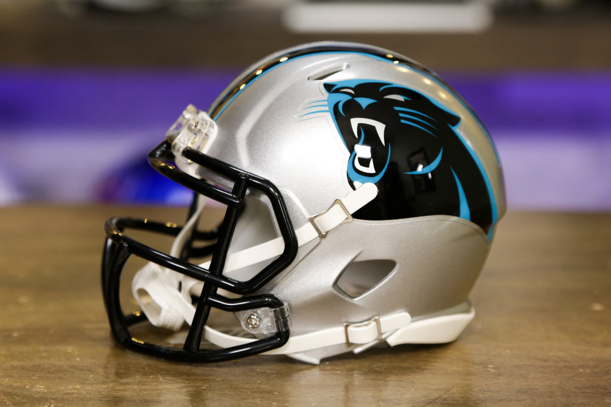 Carolina Panthers CUSTOM Matte White - Metallic Silver Mini Football Helmet